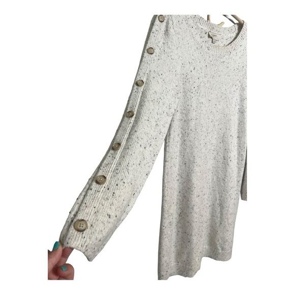 LOFT Button Sleeve Sweater Crew Neck Dress in Speckled Oatmeal Cream Size S - Picture 10 of 15